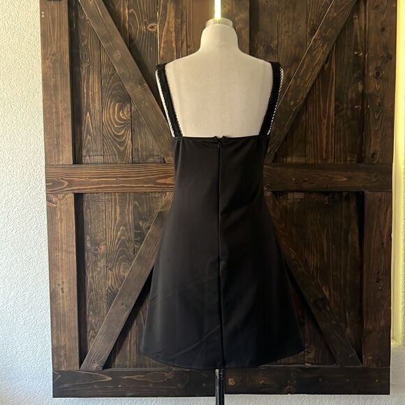 Elegant Short Dress Square Neck Lace Trim Bodycon Sleeveless Black Dress - Picture 6 of 11